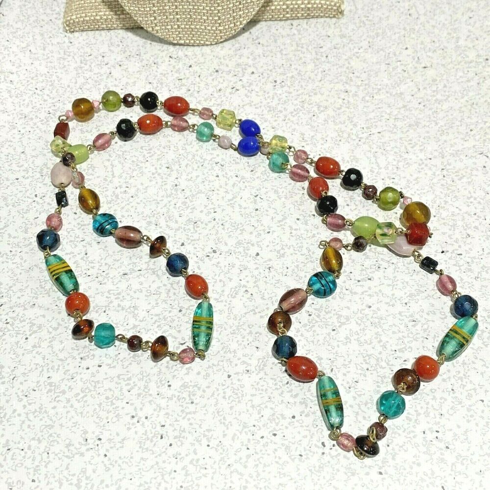 Art glass beaded necklace single loop of colorful lampwork beads unique crafted